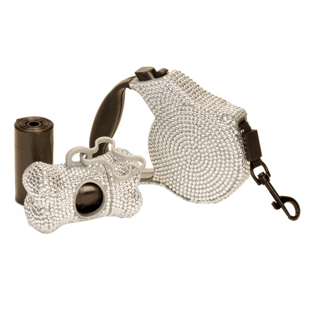 COMBO Silver Crystal Case Rhinestone Retractable Dog Leash and Waste Bag Holder eBay