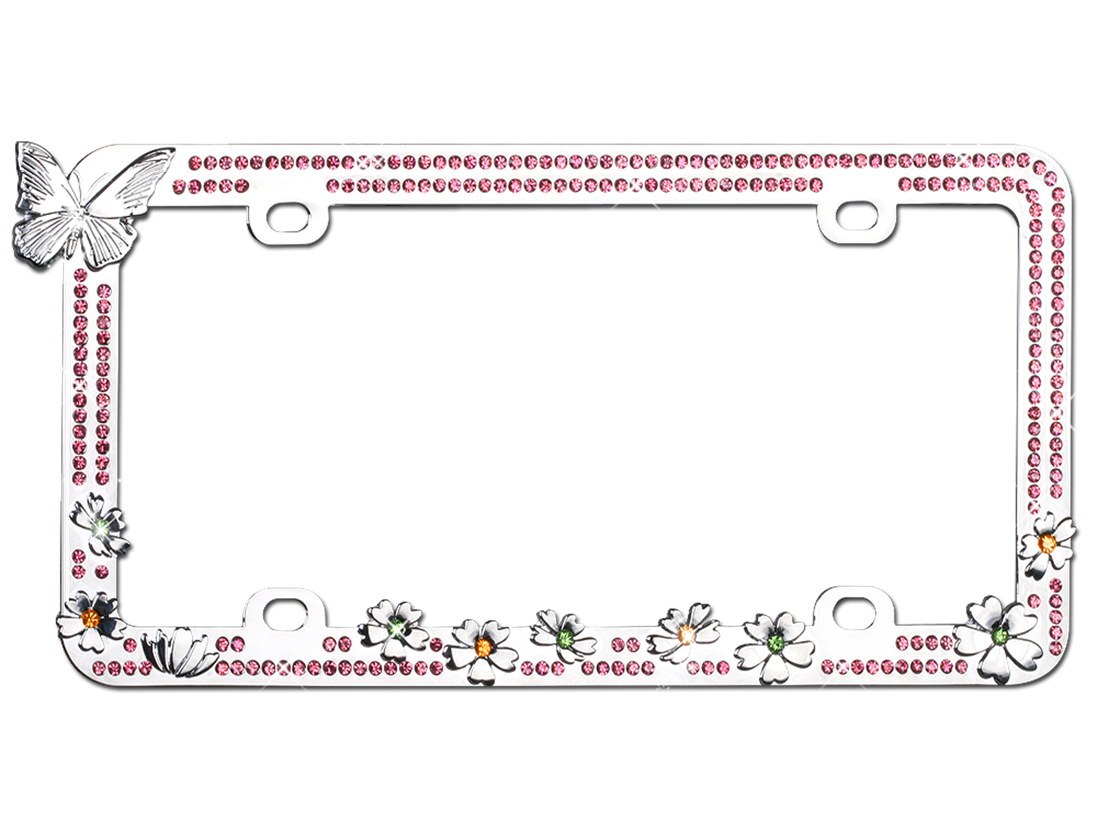 Pink Butterfly Flowers Crystal Rhinestone Stainless Steel License Plate