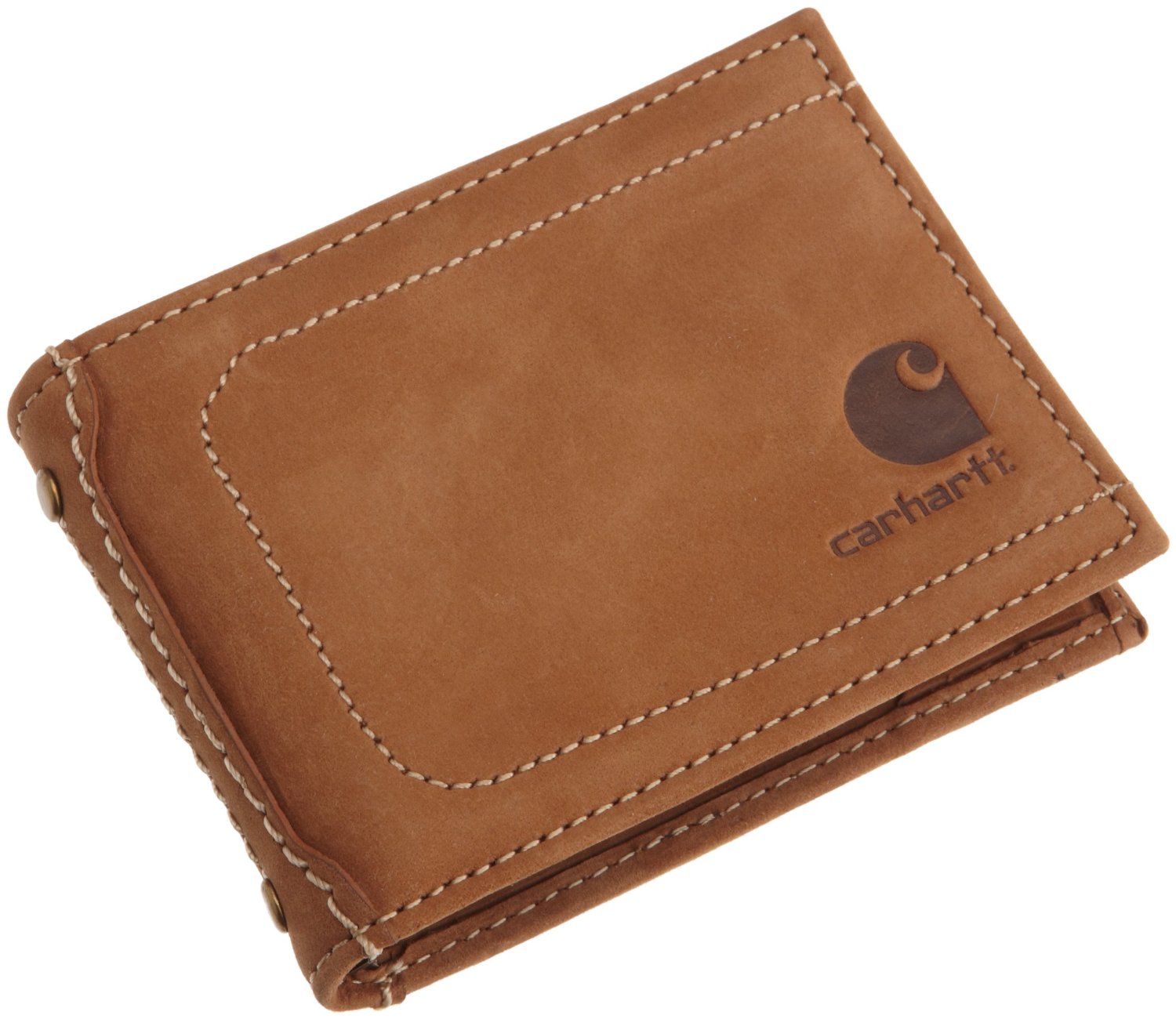 Carhartt Men's Tan Genuine Nubuck Leather Money Clip Bifold Bill Fold