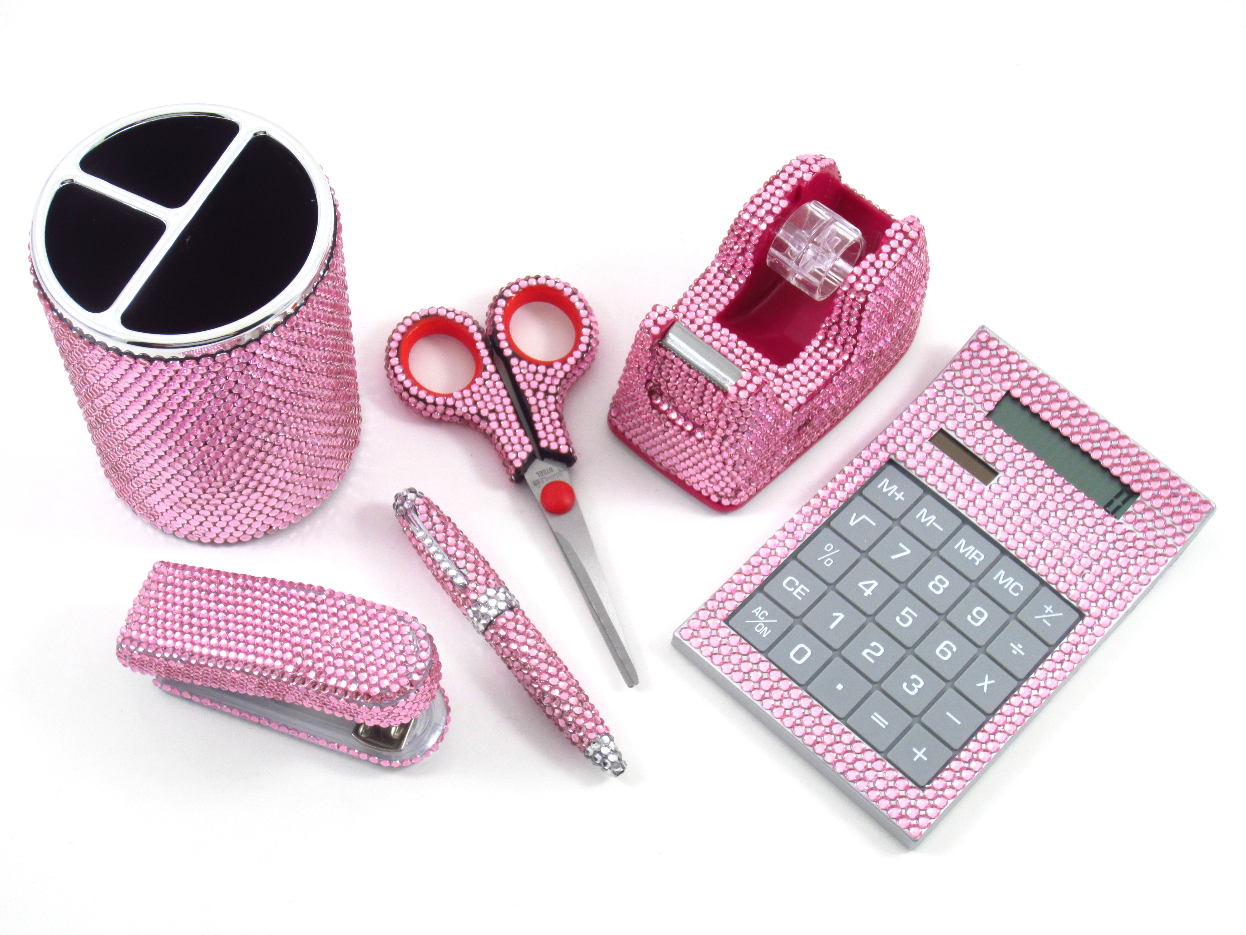 Pink Crystal Office Supply Set Pen Holder Scissors Calculator Pen Tape