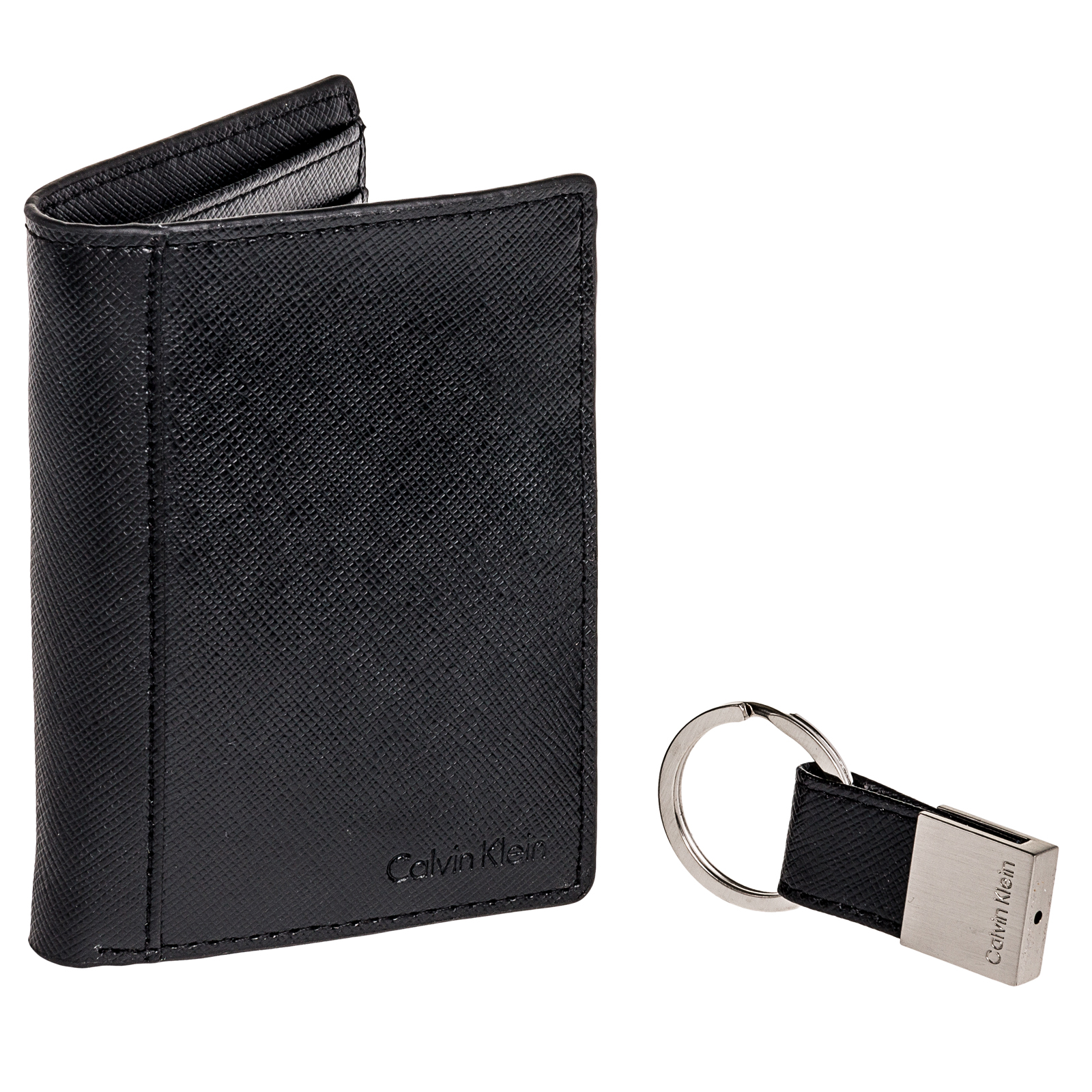 CALVIN KLEIN NEW Mens Leather Saffiano Card Bi Fold Wallet w/ Key Fob