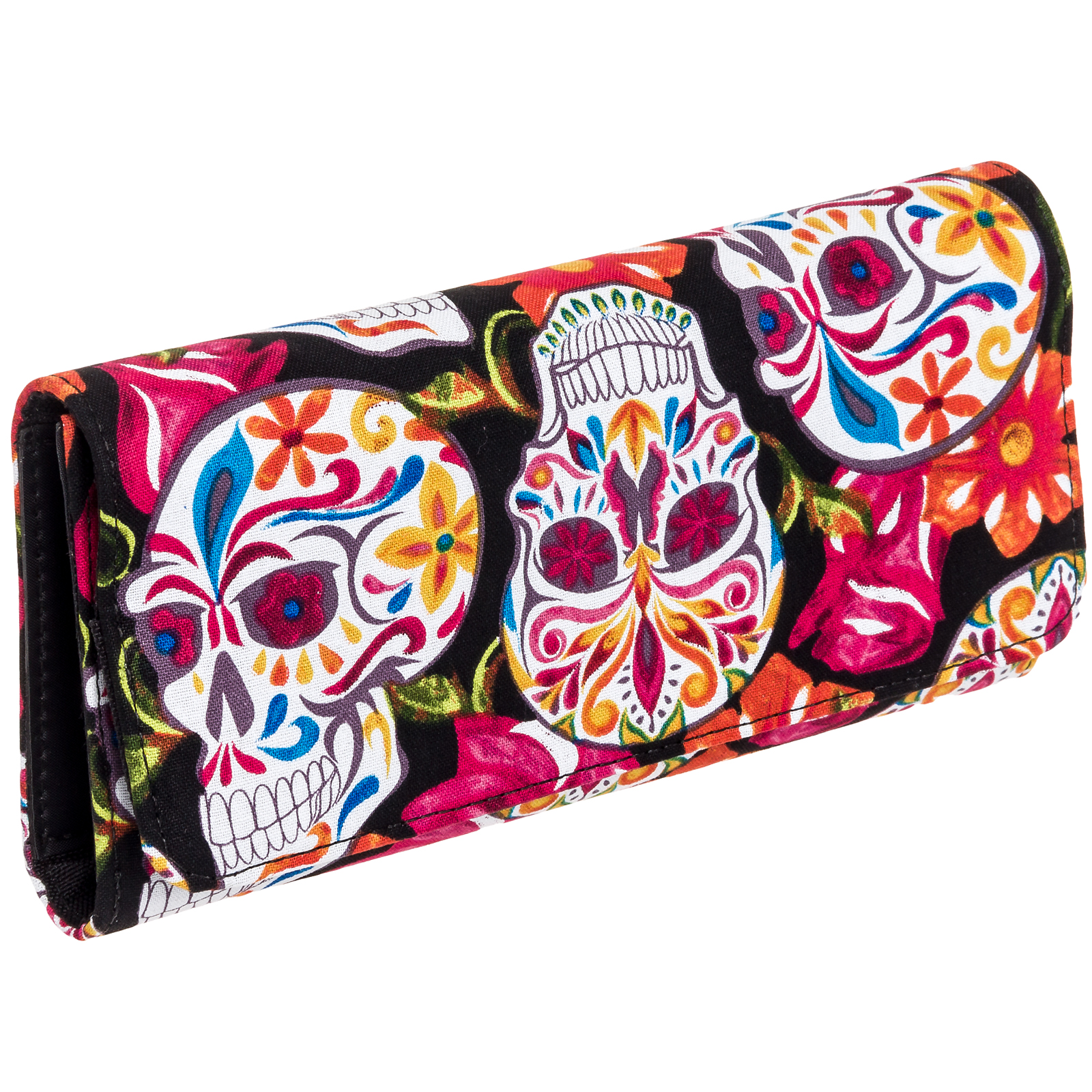Pretty Sugar Skulls & Flowers Cotton Tri Fold Snap Wallet Womens Girls