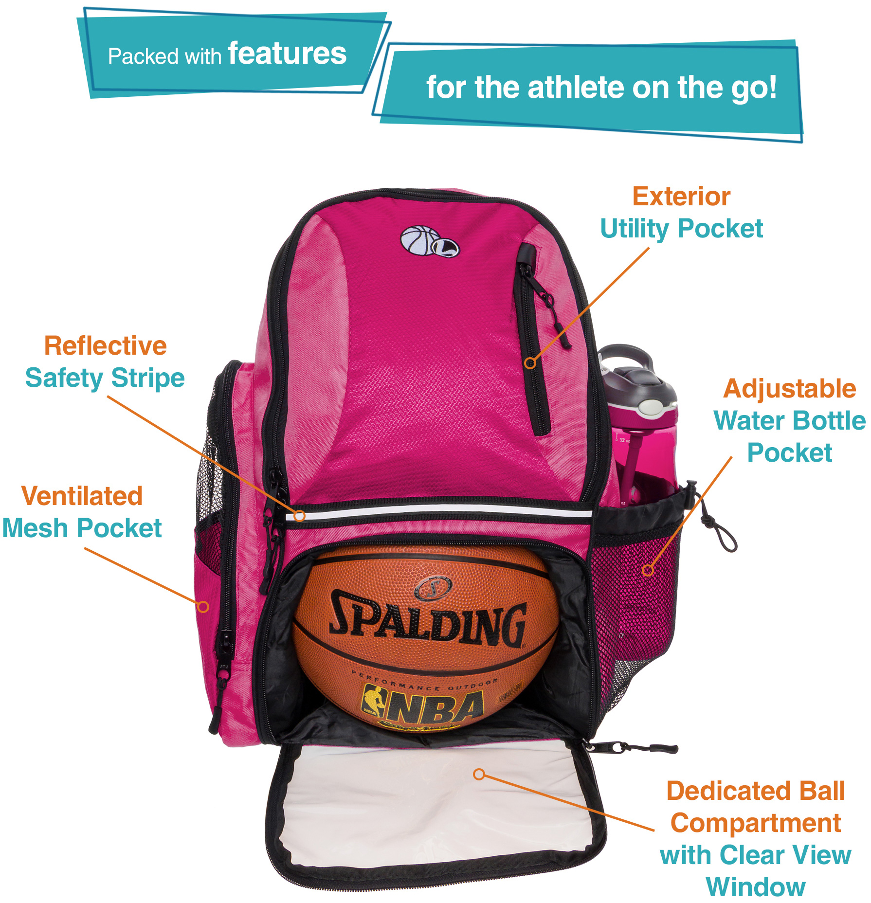 LISH Girl's Large School Sports Basketball Backpack Bag w/ Ball