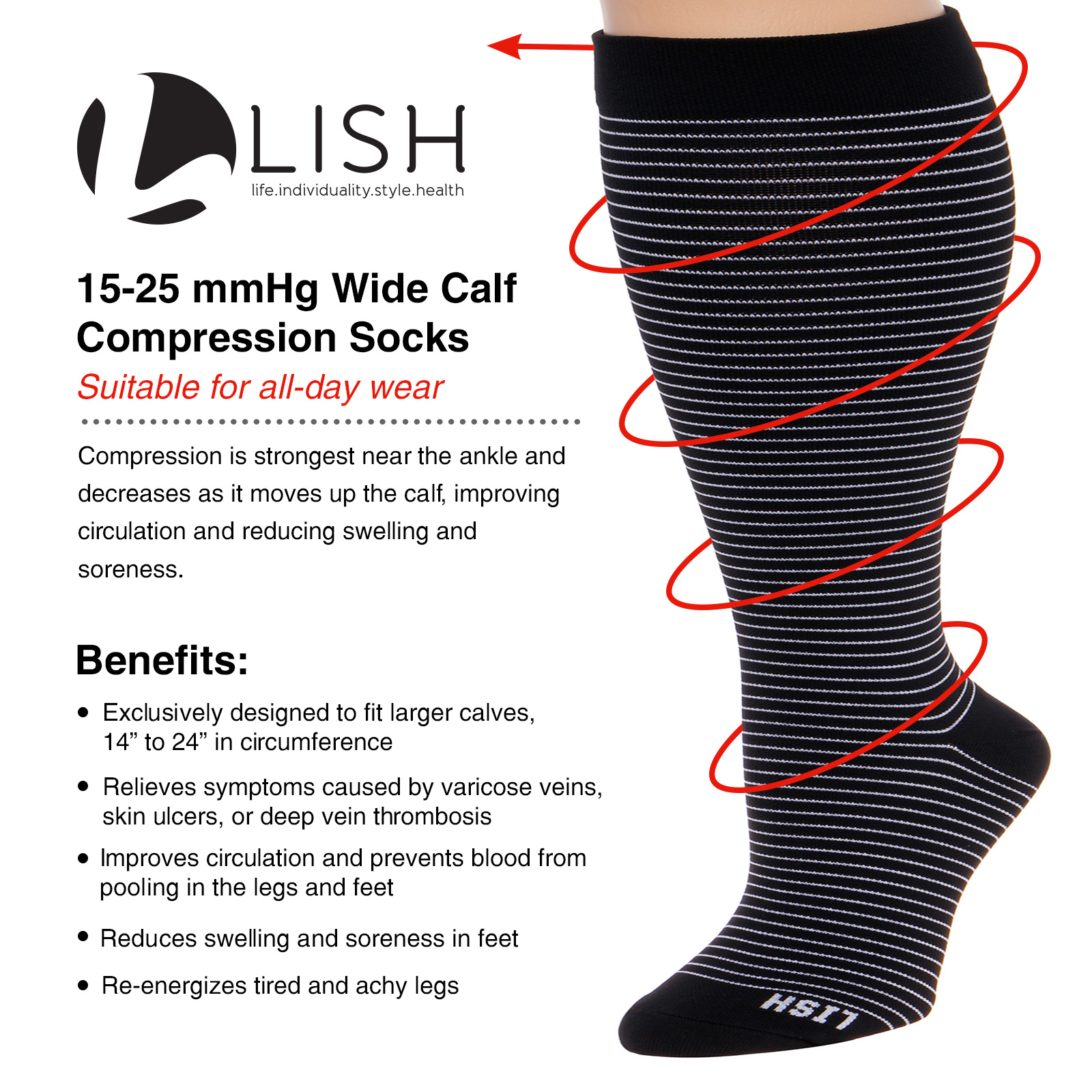 Graduated 15-25 mmHg Knee High LISH Womens Striped Compression Socks